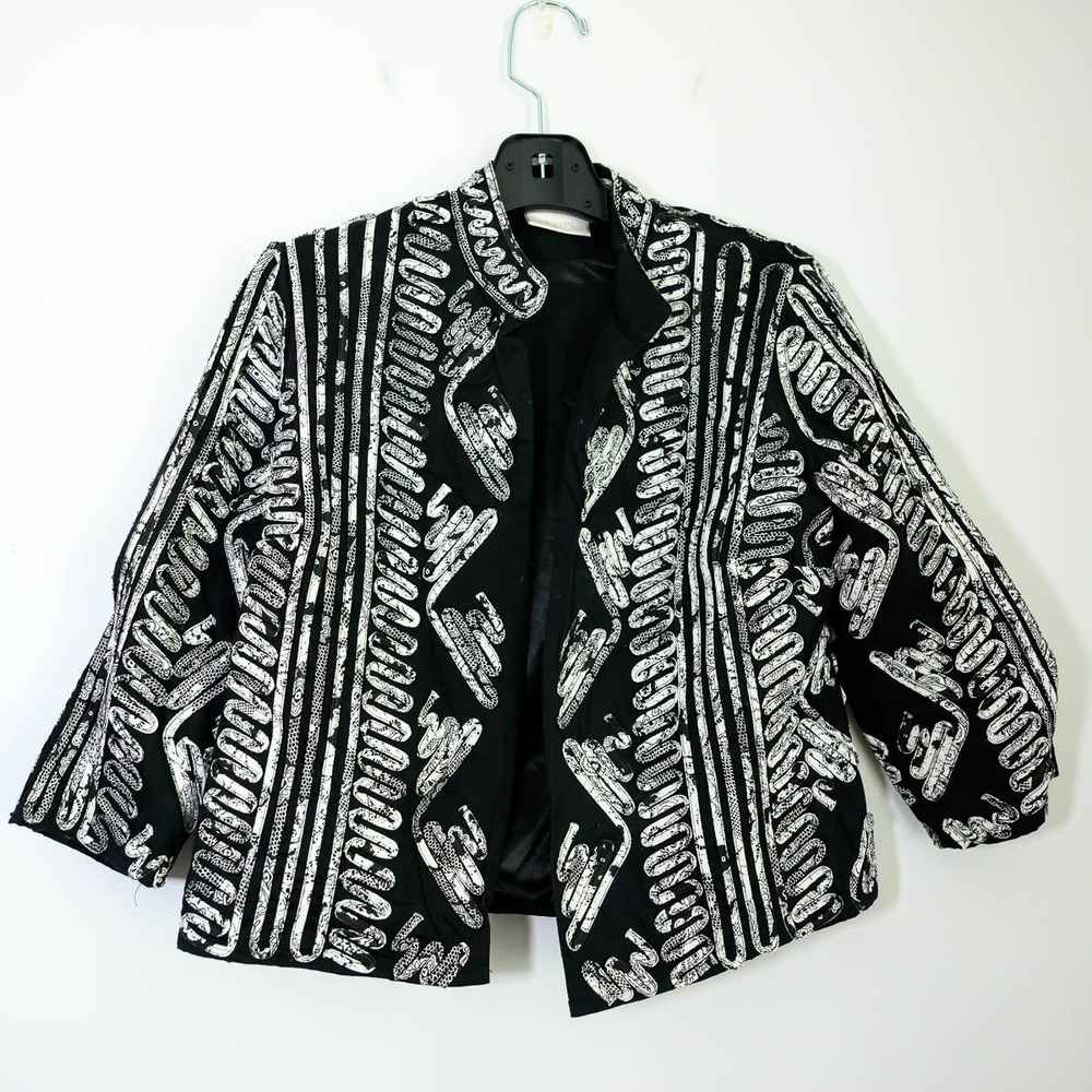 Chico's Open Front Jacket Size 0 S 4/6 Black White Excellent Geometric Cotton